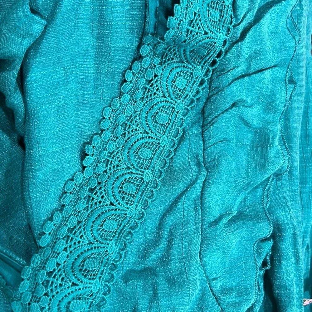J Gee Maxi Dress S Teal Green‎ Blue Tiered Ruffle Boho Smocked Flutter Lace Trim - Picture 14 of 14